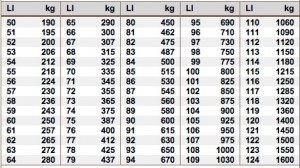 Last Index Tabelle für Autoreifen